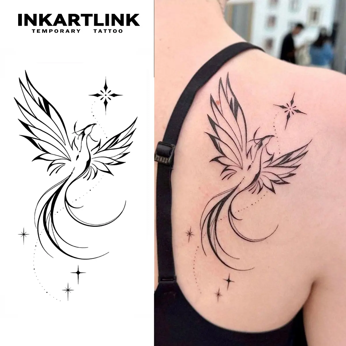 INKARTLINK Tattoo Tech, 2 Sheets Large Semi Permanent Tattoo, Adult Art Design Temporary Tattoos, Lasts 1-2 Weeks, Waterproof, Realistic Look, No Adhesive, No Reflection (Phoenix)