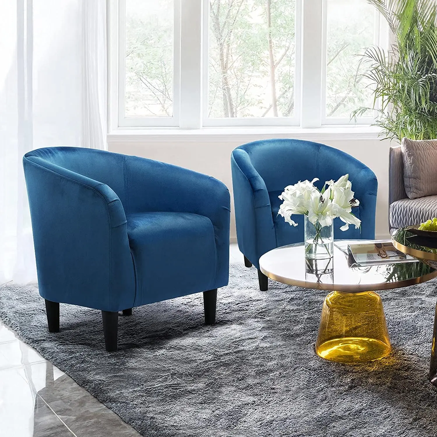 Pagoda Blue Velvet Club Chair with Armrests