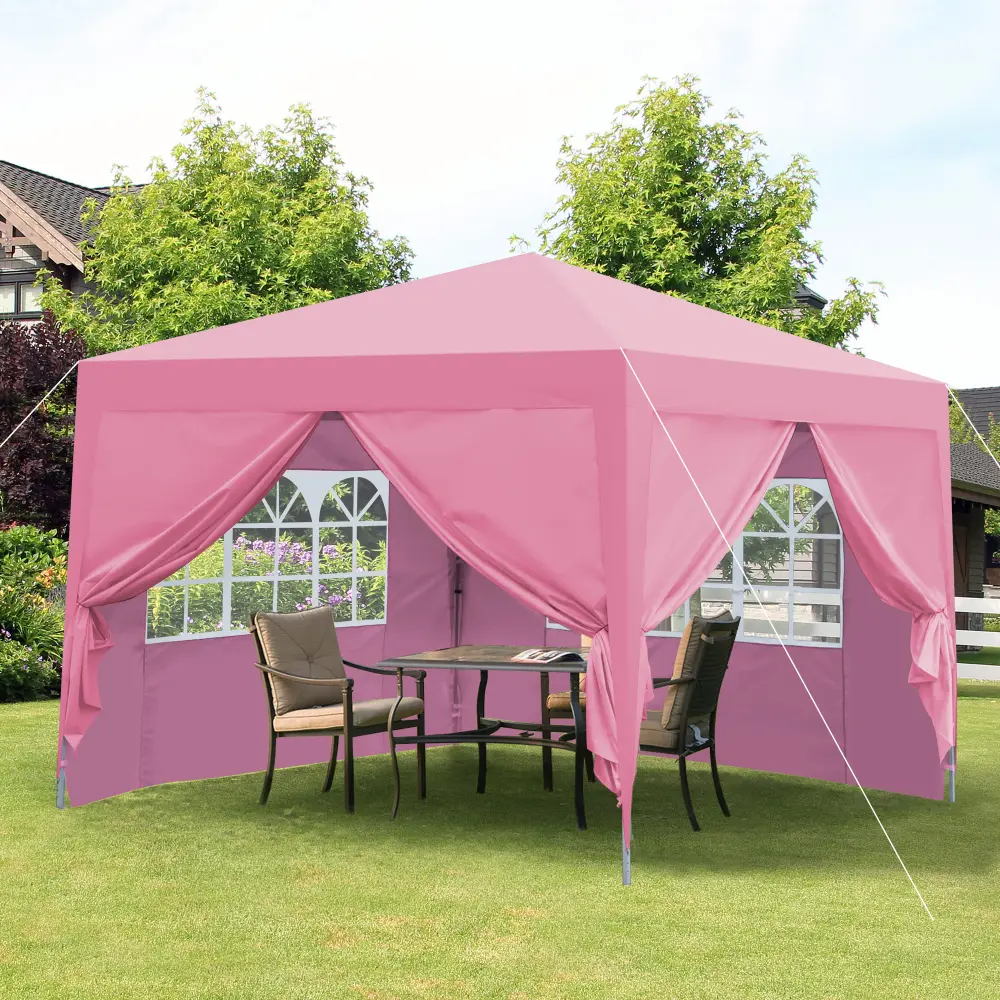 10x10Ft Outdoor Pop Up Gazebo Canopy Tent - Portable Sunshade Shelter, Removable Zippered Sidewall, 2 Windowed Sidewalls, 4 Weight Sandbags, Carry Bag, Pink