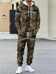 Men's Outdoor Camouflage Hoodie Set Trendy Street Sports Two-Piece Personalized Leaf Print Casual Jogger Set