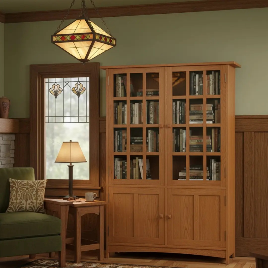 Mission-Arts & Crafts Wood Indoor Glass Door China Cabinet - Michael's Cherry Stain White Oak, 4 Glass Doors, 3 Fixed Shelves, 49x16x70in, Space Organizing Transparent Storage Cabinet for Living Room Furniture