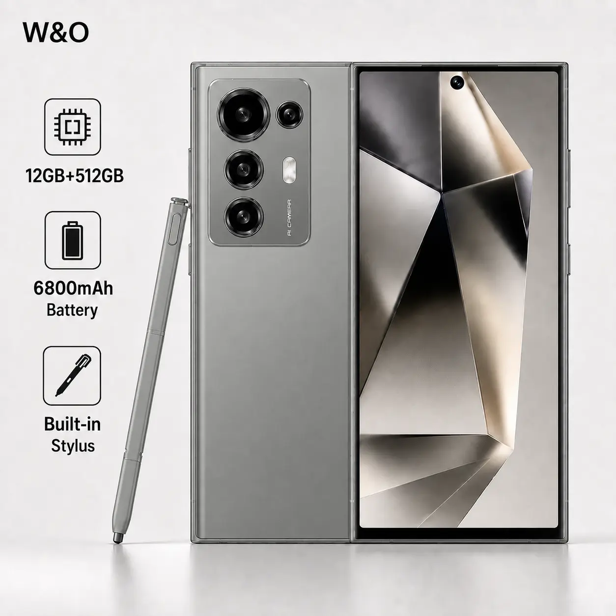 W&O Phone, 12GB+512GB Touchscreen Smartphone, 6.8-Inch HD Display, 6800mAh Battery, Built-In Stylus, Android 14, 50MP Camera, Octa-Core Processor, Dual SIM, Rear Fingerprint Navigation, Metallic Body, Retractable Screen, USB Connectivity