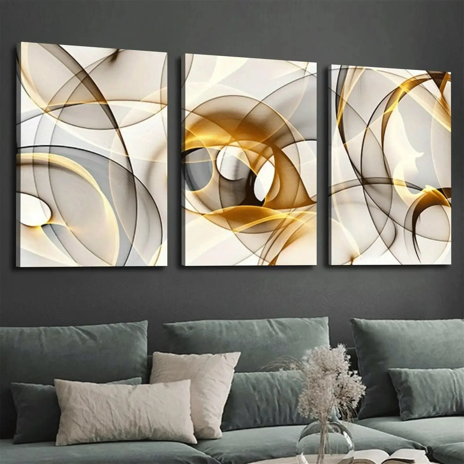 3 Pieces Wooden Frame Painting Modern Gold Thread Canvas Painting Abstract Geometric Canvas Wall Art scandinavian Minimalist Style Wall Art Painting Add Festive Atmosphere to Home, Abstract Wall Arts, Art-Themed Wall Arts