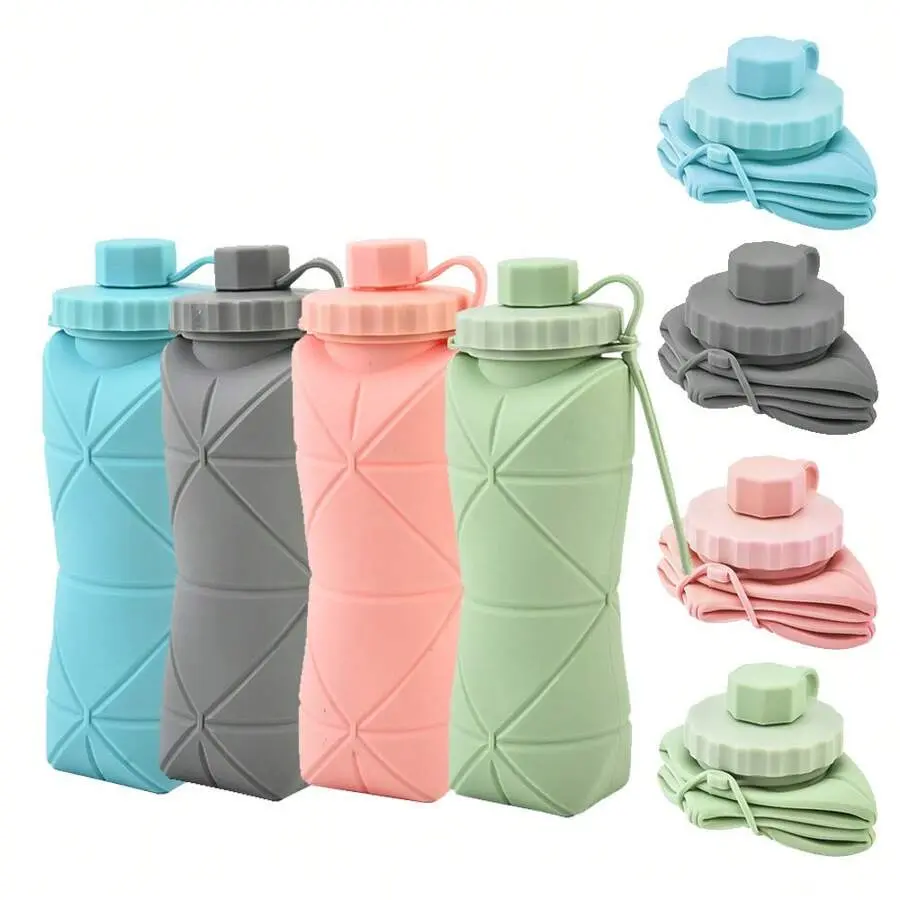 1pc 600ml Silicone Folding Bottle Adult Portable Reusable Plastic Cups Outdoor Travel Gym Water Bottle Motivational Drinking Bottle