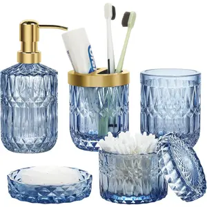 Bathroom Accessories Set, 5Pcs Blue Bathroom Soap Dispenser Set, Blue Glass Bathroom Accessories with Blue Glass Soap Dispenser, Soap Dish, Toothbrush Holder, Tumbler, Cotton Swab Jar