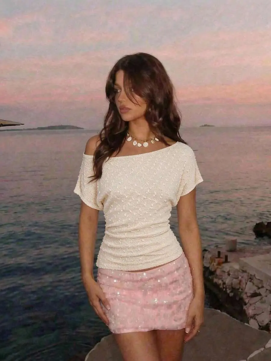 [FREE SHIPPING] White Summer Elegant Holiday Vacation Women's Tops,Asymmetrical Shoulder Ruched Textured Top,Casual Short Sleeve Festival Party Beach,Y2K