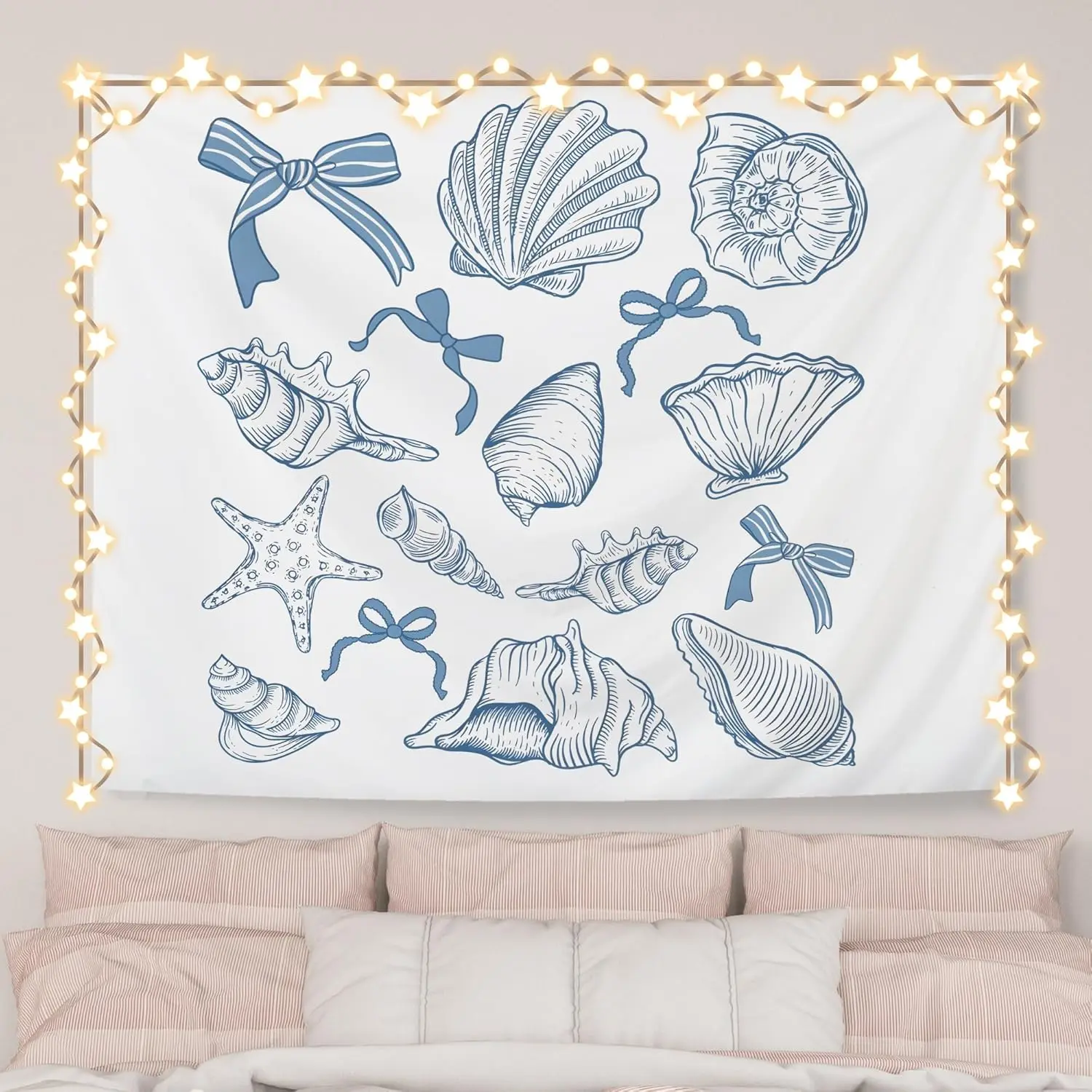 Coquette Blue Bow Seashell Ocean Print Light Classic Geometric Strong Wall Hanging Tapestry - 50x60in, 80x60in Room Art, Preppy Coastal Wall Blanket for Girls' Room, Dorm Home Decor, Anti-Pilling