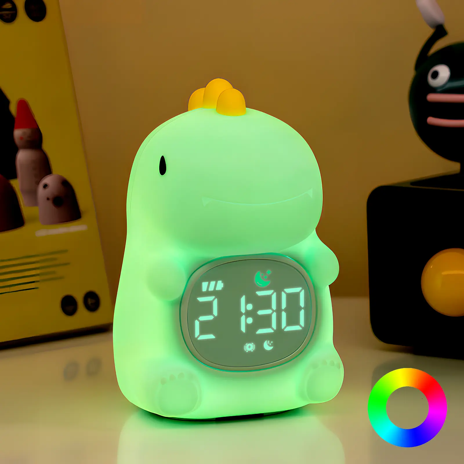 Dinosaur Sleep Trainer Alarm Clock for Kids - Rubber & ABS Animal Design, Adjustable, Lightweight, 9-Color Silicone Brightening Night Light, 6 White Noise, Dual Alarms, Snooze, Rechargeable USB Bedtime Aid, Kid Room Bedside Decor (Birthday Gift)