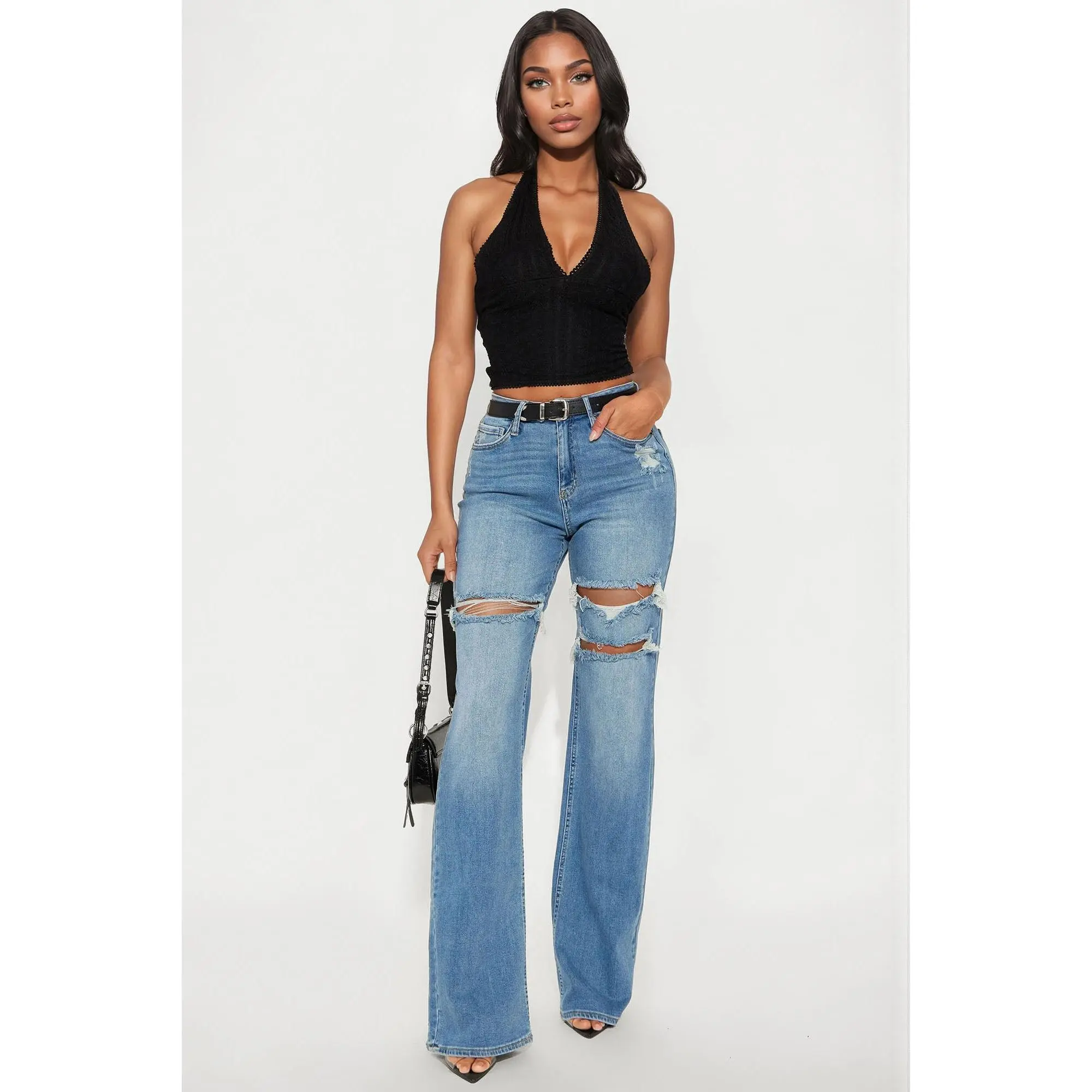 Tall Remi Ripped Stretch Baggy Jeans - Medium Wash