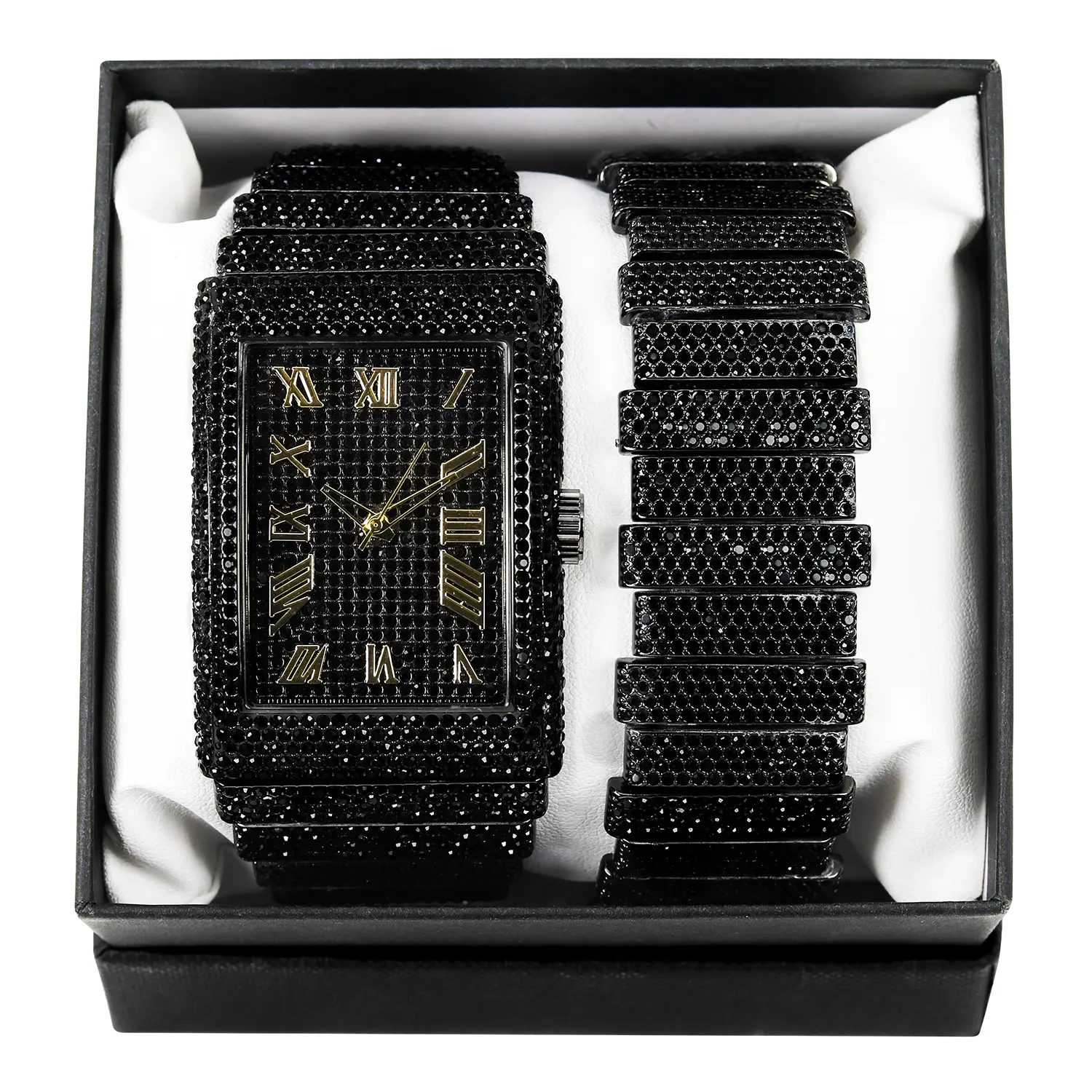 MaxBling81 Men's Luxury Analog Quartz Watch & Bracelet Gift Set - Iced Out Hip-Hop Style, Square Face, Full-Stone Hematite Metal Band with Rhinestones, Waterproof Fashion Accessory, Male Wear