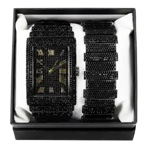 Men's Black Watch Wristwatch Gift Set Square Luxury Chandelier Hip Hop Style Full Iced & Bracelet Luxury Casual Analog