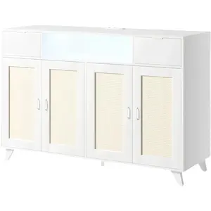 2 Drawer 2 Door Sideboard Cabinet with LED Lights Power Outlet Iron MDF Storage Console Table with Adjustable Shelves for Dining Room Living Room Hallway White
