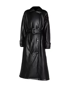 MotorCycleJackets Womens Black Leather Trench Coat Double Breasted