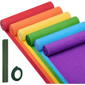 6 Rolls Crepe Paper Streamers, 10 Inch x 8 Feet Flower Making Kits with Floral Tape and Stem Wire for Birthday Party Wedding (Rainbow)