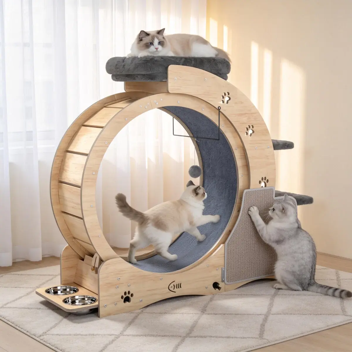 NAVINE 40" Cat Exercise Wheel for Indoor Cats, Cat Treadmill with Cat Nest, Cat Wheel with Safety Locker, Cat Scratching Post, Cat House, Cat Ladder and Cat Bowl