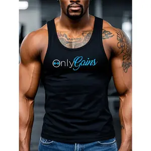 Men's "Only Gains" Gym Tank Top - Soft, Breathable Cotton  Sleeveless Shirt for Summer Workouts, Casual Sports & Fitness - Black with Blue Print