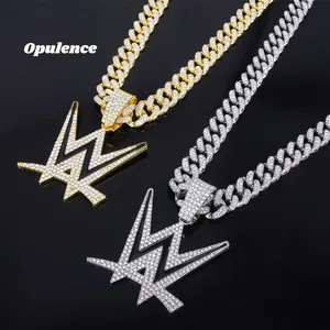 Diamond W Letter Pendant Necklace with Two-tone Shiny Diamond Cuban Chain Hip-hop Style