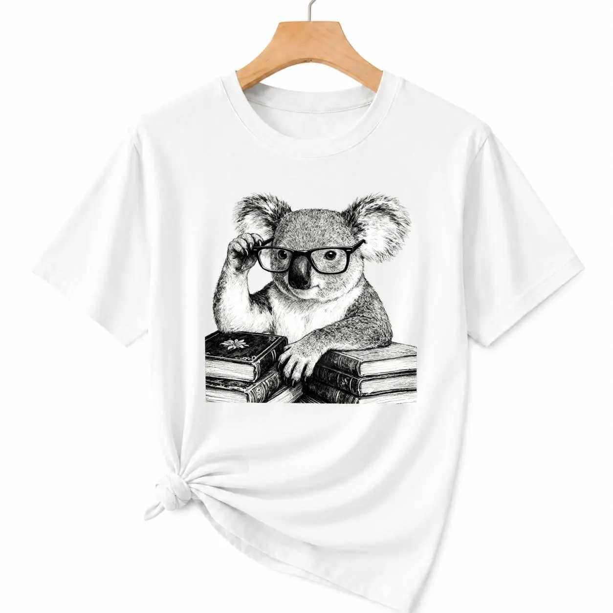 CARPESUN Vintage Style T Shirt Intellectual Koala Reading Books Print Pure Cotton Soft Breathable Unisex Casual Wear Perfect Gift Recommendation