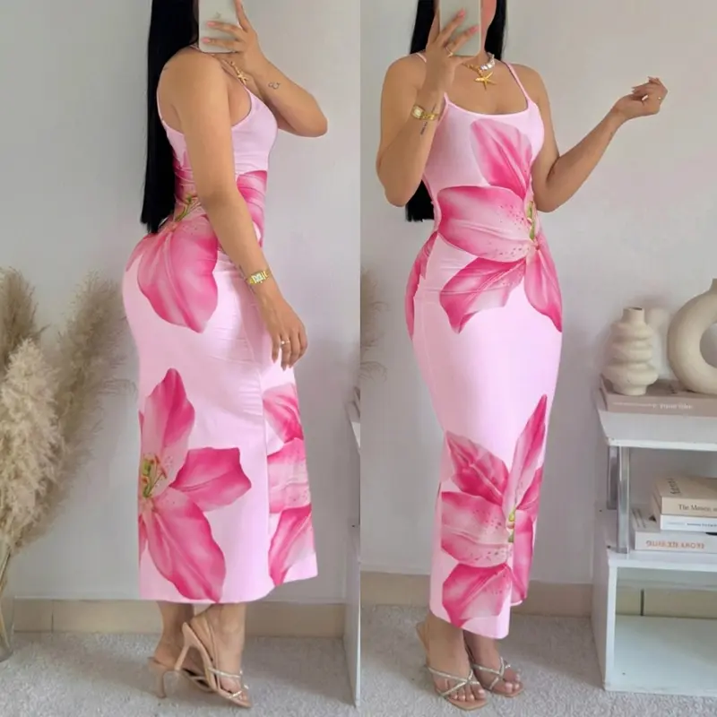 CHICME Women's Floral Print Cami Maxi Summer Dress Adjustable Spaghetti Strap Bodycon Long Dress Summer Vacation Sundress