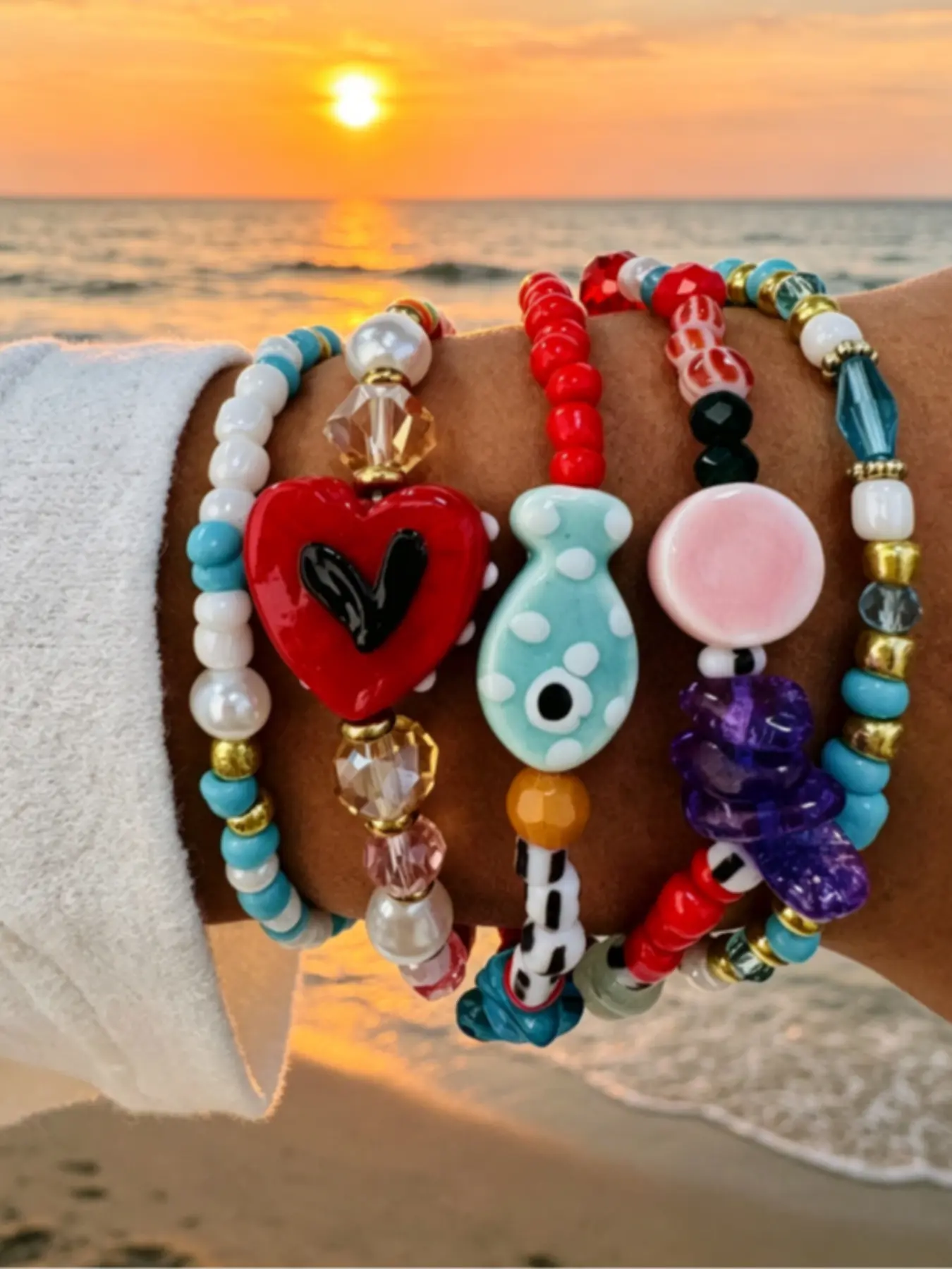 5 Pcs Women's Bohemian Ceramic Fish Heart Bead Bracelets, Bracelet Set, boho style bracelet, beaded bracelet, Casual Plain Design, Random Colors, Perfect for Daily Wear & Vacation, Beaded Jewelry