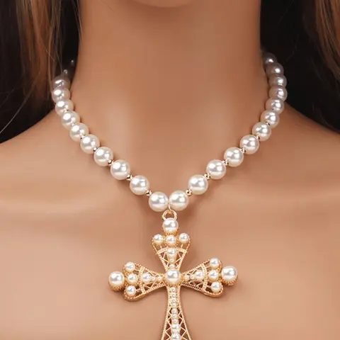 Faux Pearl Decorated Cross Pendant Necklace for Women & Girls, Fashion Jewelry for Party, Daily Clothing Decor, Trendy All-match & Exquisite Jewelry for Birthday Gift