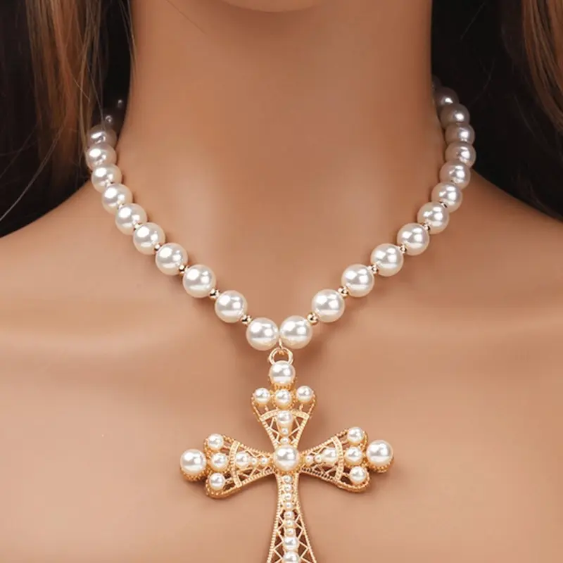 Faux Pearl Decorated Cross Pendant Necklace for Women & Girls, Fashion Jewelry for Party, Daily Clothing Decor, Trendy All-match & Exquisite Jewelry for Birthday Gift