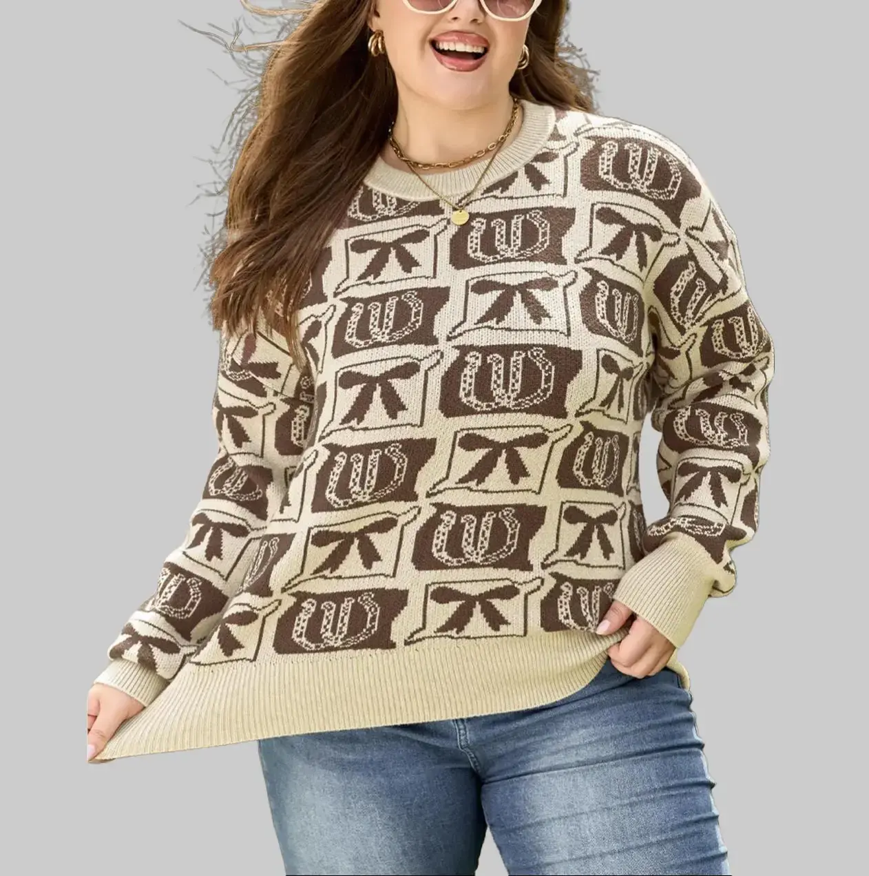 S-4X Brown Bows Horseshoe Western Jacquard Crewneck Sweater, Vintage Cowboy Christmas Thanksgiving Casual Knit Top for Women, 52% Viscose 26% Polyester 22% Polyamide Cozy Fall Winter Plus Size Long Sleeve Fashion Appare