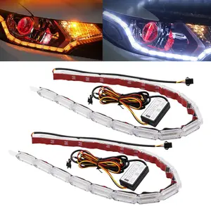 DIBMS Car Daytime Running Light Strip, 2Pcs Flexible Crystal DRL LED Strip Sequential, Dual Color 17Inch Headlight LED Strip Turn Signal Lights Strip, eclipse led lights(White&Amber) Flexible Crystal Sequential Daytime Lights