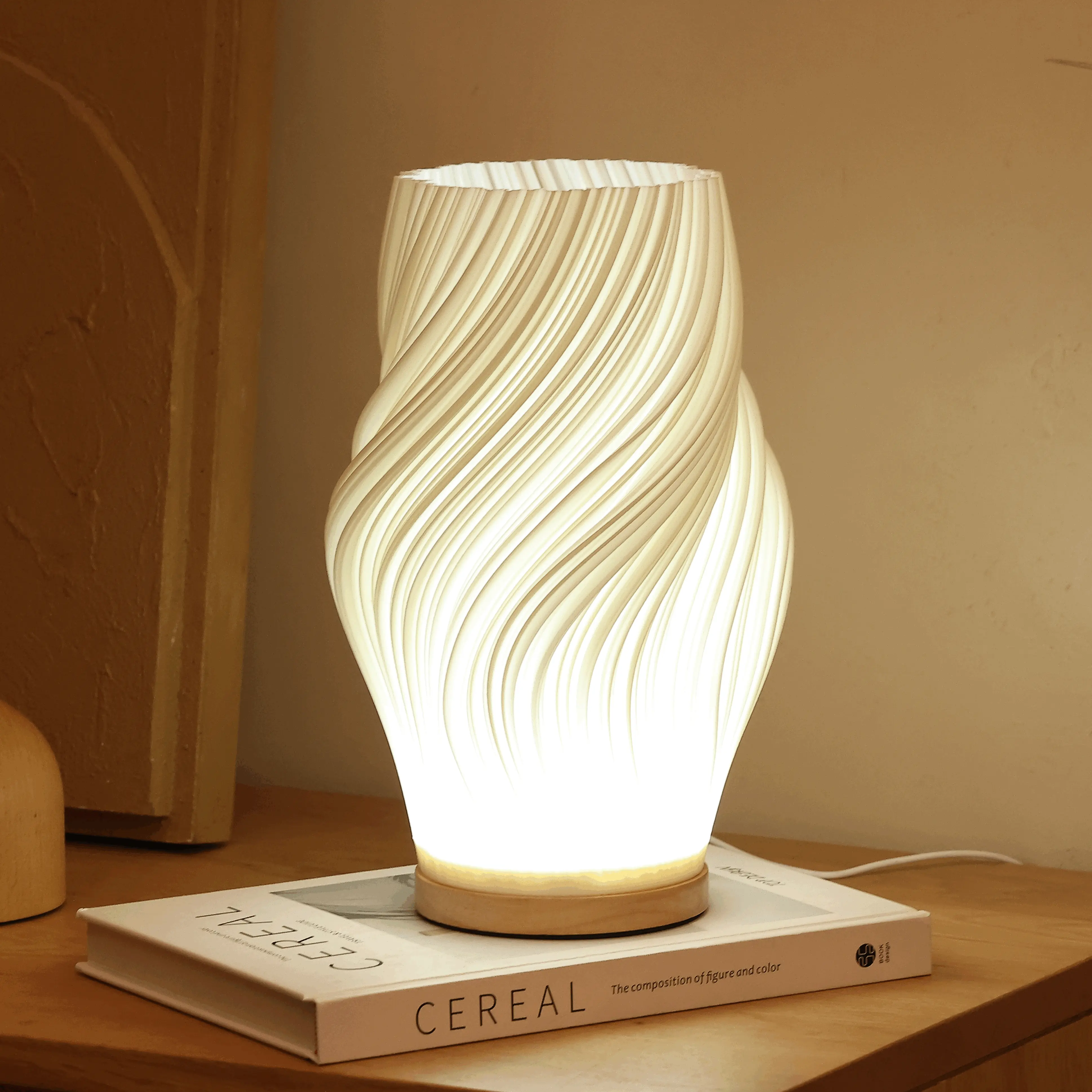 Dawnwake Minimalist 3D Pleated Bedside Lamp, Aesthetics Dimmable LED Lamp with Woodbase- 3 Color Options & 9 Brightness Levels