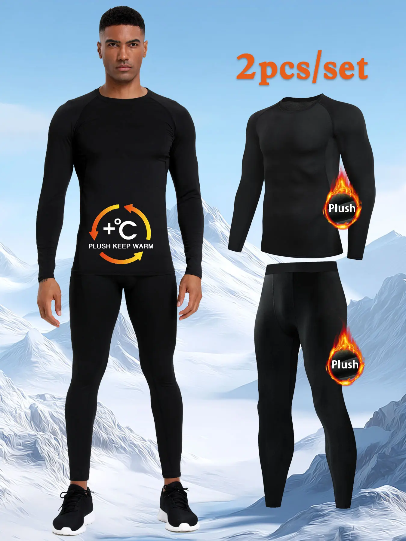 Men's Thermal Long Sleeve Compression Top and Fleece Leggings Set, Ideal Base Layer for Cold Weather, Perfect for Skiing and Outdoor Activities