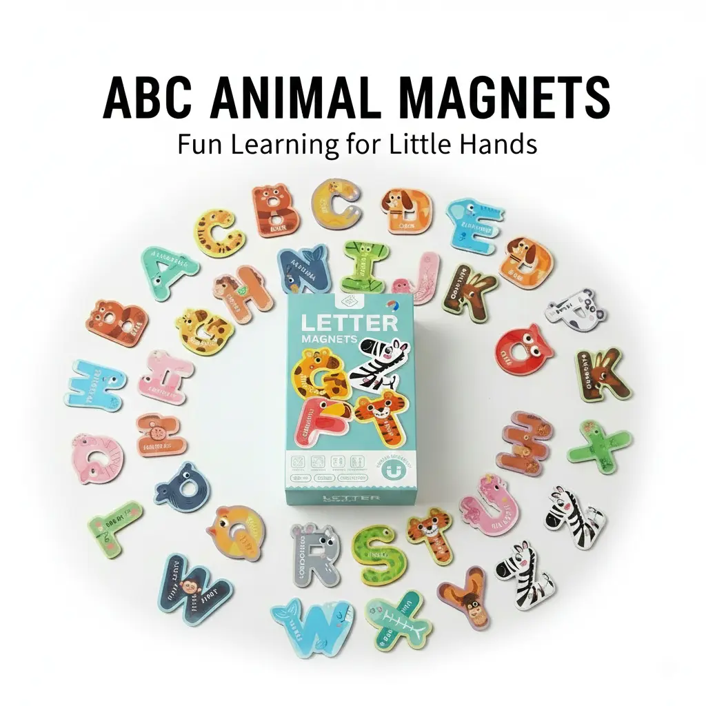 26-Piece Vibrant Chunky Refrigerator Magnets Decorative Set - Large Uppercase Soft EVA Foam ABC Letters, Strong Magnets, Interactive Flash Cards, Zoo-Themed Learning Kids Toy, Screen-Free Fun, Whiteboard Play for Toddlers