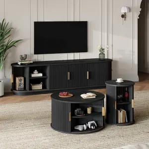 Wooden TV Stand & Coffee Table Set, 75-Inch TV Compatible Media Console, Fluted Sliding Doors, Golden Handles, Cable Hole, Wooden Construction, Farmhouse Round Living Room Center Table