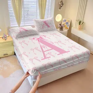 3Pcs Pink Bow Fitted Sheet Set, Creative A-Z Alphabet Printed Bedding Sets, Comfortable and Durable Cute Bed Sheet, Create a Kawaii Bedroom Essential Decorating Kit, Perfect Holiday Gift, Filler Not Included