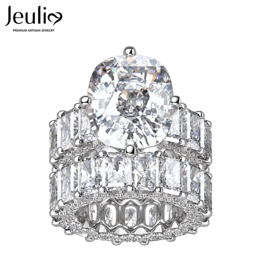 Jeulia Female 3-Sided Pave 12*12 mm 12.15 ct Cushion Cut Sterling Silver Eternity Set - Cubic Zirconia, Art Deco Halo, Bridal Rings, Ring Stack, 17.45 mm Statement Jewelry with Gift Box for Engagement