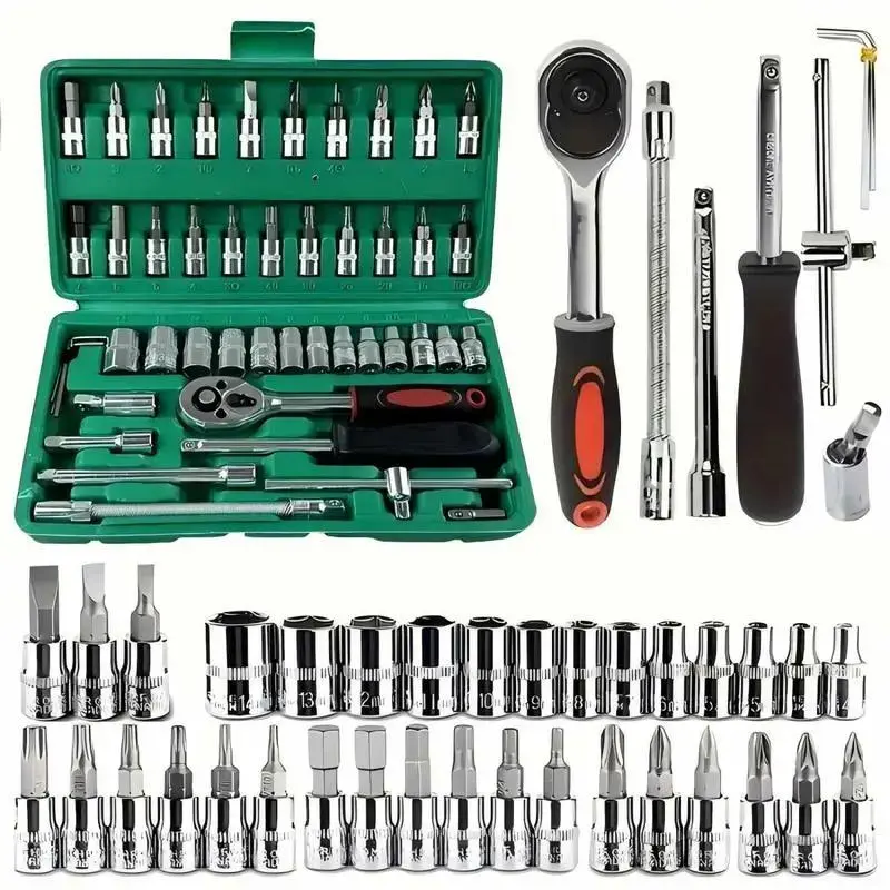 Mechanic Tool Kit, 46/53-Pc Automotive Work Tools Set with 1/4"-3/8"-1/2" SAE & Metric Sockets, Storage Case, Vehicle Accessories, Cars Accessories & Car Stuff (Summervibes Line),father'sdaygifts Ratchet Combination Wrenches