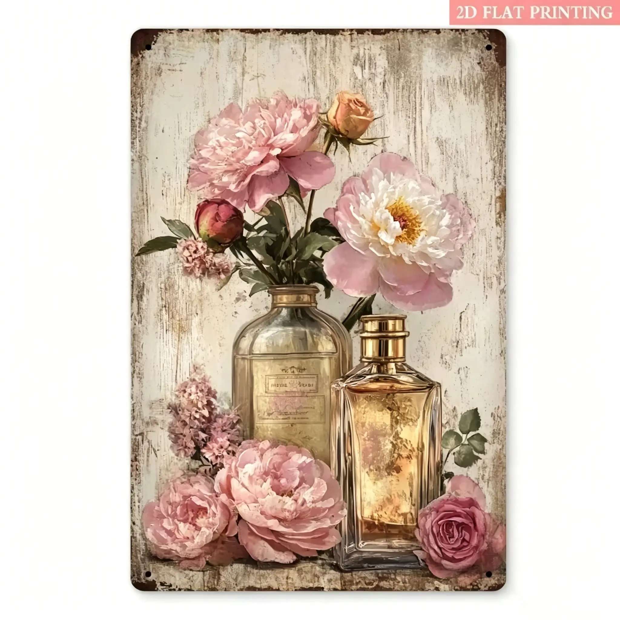 Vintage Distressed Metal Tin Sign,Soft Pink Peony Rose Perfume Bottle Watercolor Wall Plaque,Shabby Chic Floral Antique Glass Bottle Wall Art Decor,Elegant Feminine Wall Decor Gift For Women Shabby Chic Pink Peony Rose & Perfume Bottle Wall Sign