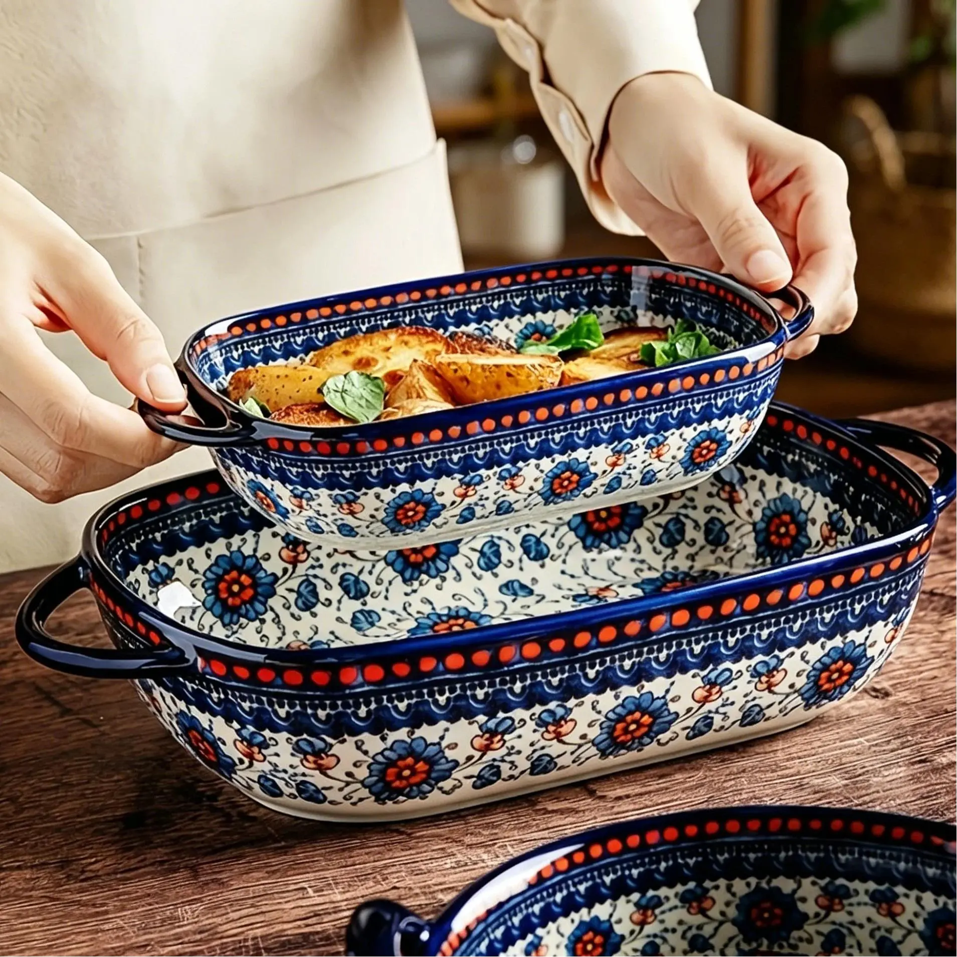 1 Pack Bohemian Floral Ceramic Baking Plates, Vintage Rectangular Handled Casserole Bakeware Oven Microwave Safe for Roasting Pasta Family Dining Tableware