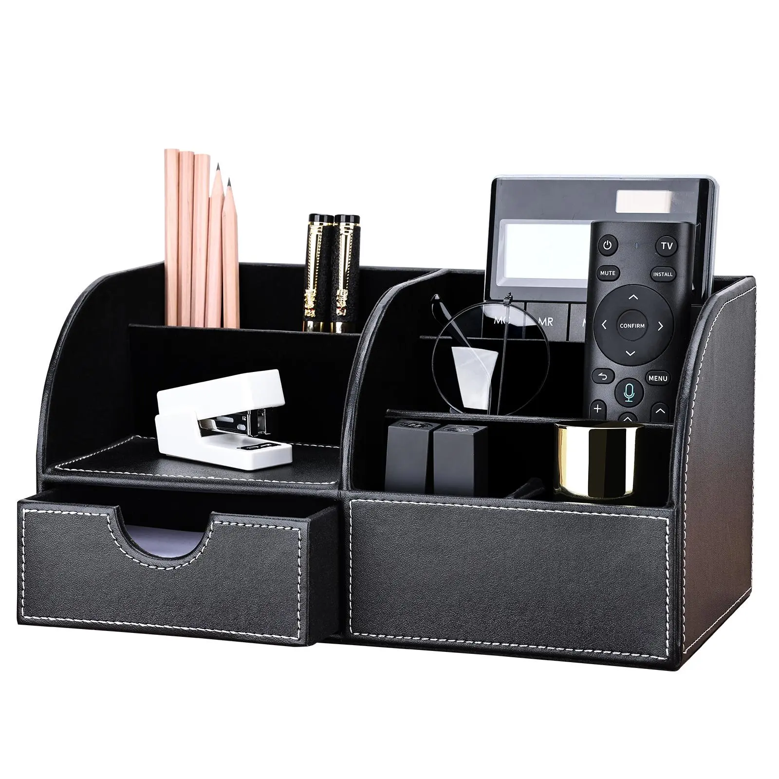 Desk Storage Box with Drawer, 1 Piece Multi-functional Desk Organizer Tidy for Remote, Stationery, Makeup, Phone, PU Leather Desk Storage Organizer for Office Home School, Office Accessories, Stationary Organizer Holder