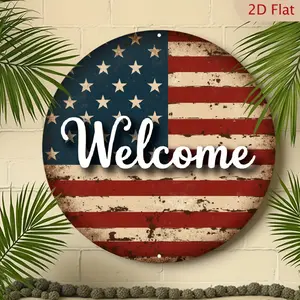 2D Round Rustic American Flag Metal Welcome Sign - Vintage Iron Wall Decor, Durable Weather-Resistant Wall Art for Home, Garden Indoor/Outdoor Patriotic Plaque