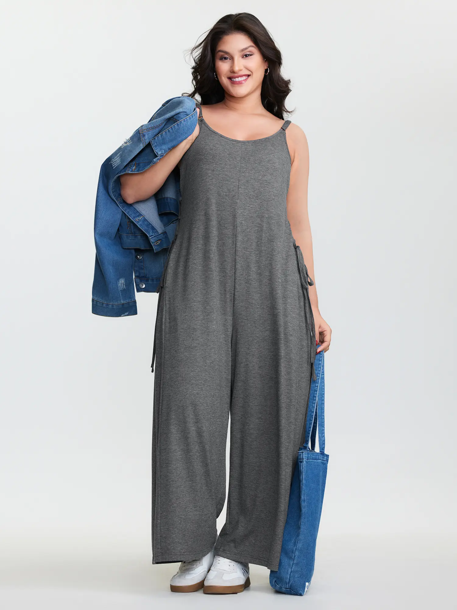 BLOOMCHIC Women's Plus Size Supersoft Stretchy Spandex Overalls Jumpsuit - Summer Turn-Up Style,Side Ties,Sleeves,Straps,Pockets,Minimalist Fit [M-6X] 2026 Grey Swimweek Women's Clothes,Summerfinds