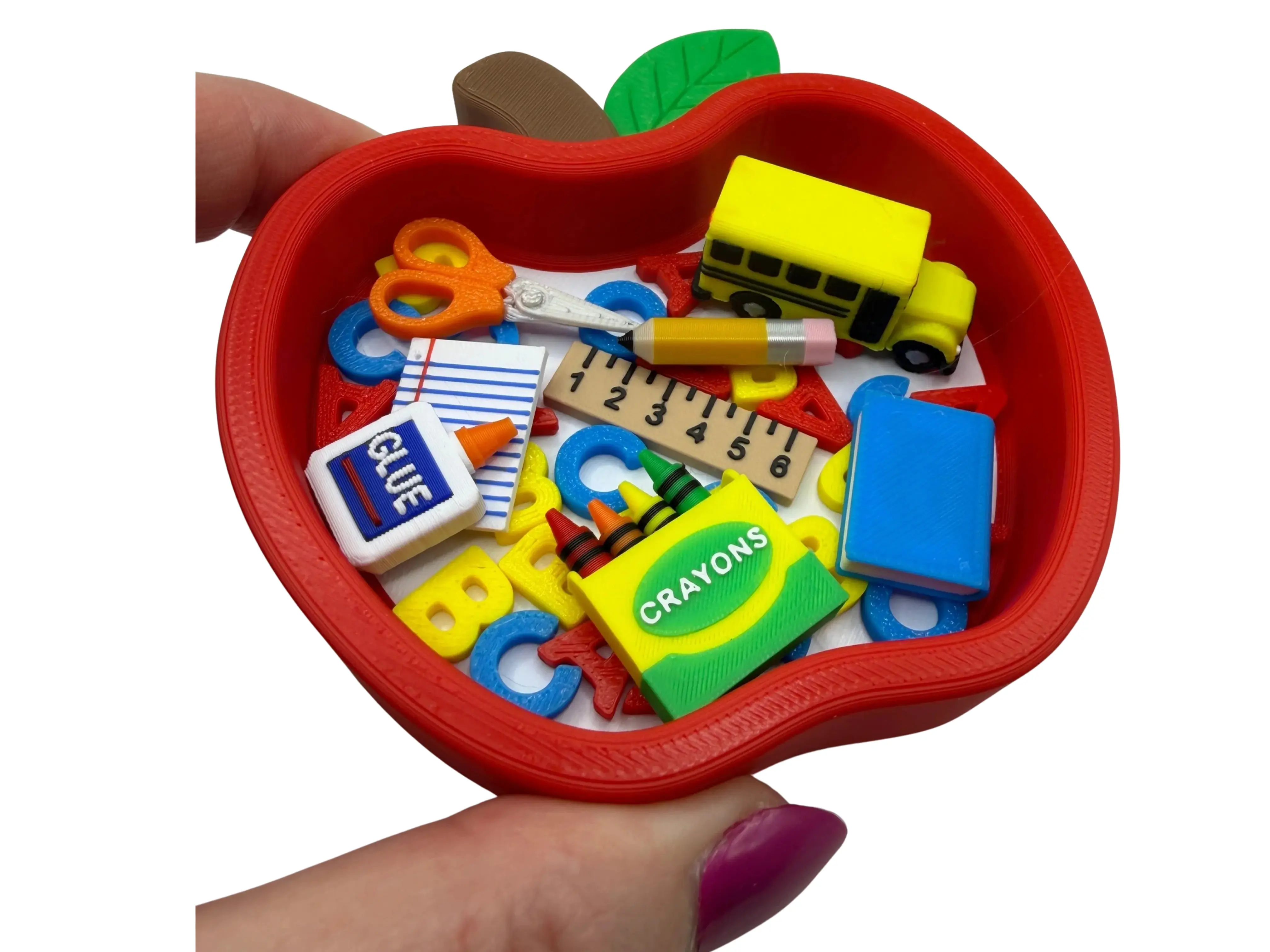 Mini 3D Printed Back to School Fidget Dish with Fillers- teacher, bus, apple, crayons, ruler, pencil, letters, paper, scissors fall decor, ASMR Decorative Seasonal Gift