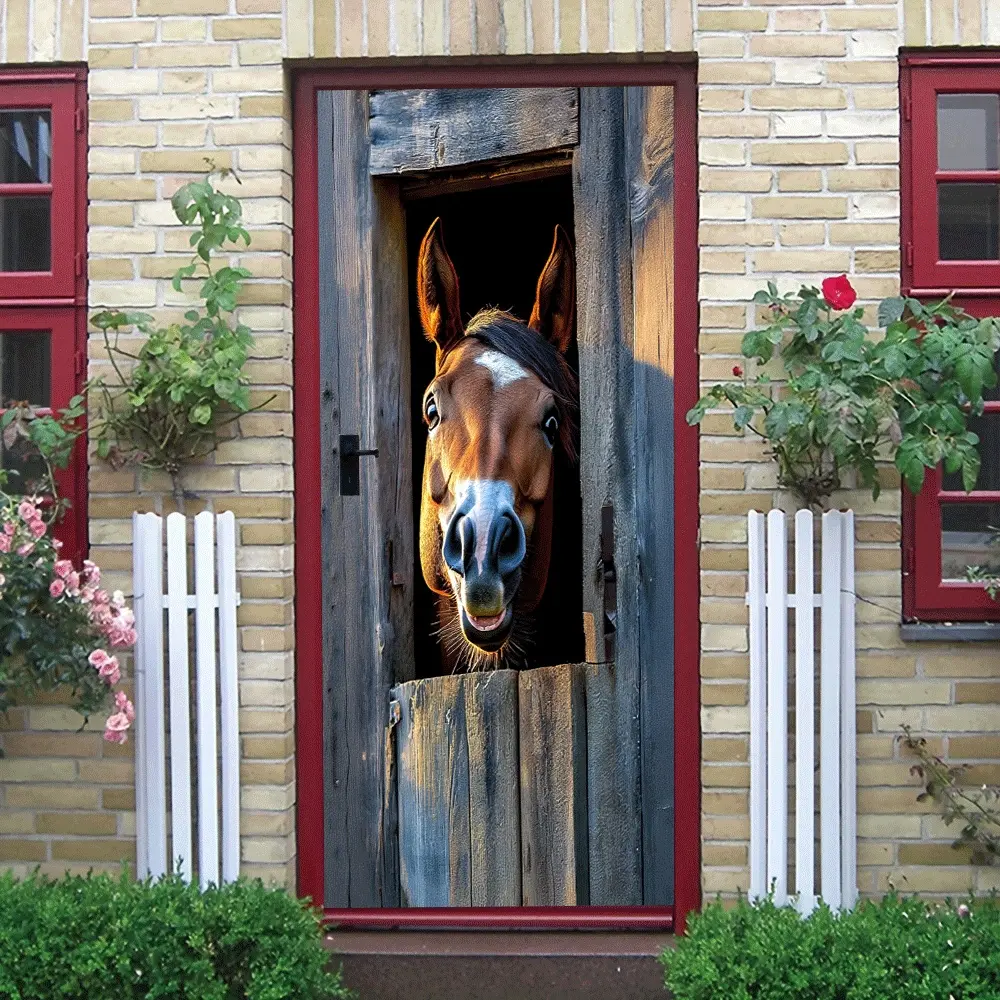 2pcs Cute Brown Horse Head Wooden Door Wall Sticker Removable Self Adhesive Decal for Kids Room Bedroom Living Room Home Decor Art Decorative Sticker