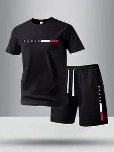Men’s summer regular-fit cotton short-sleeve T-shirt and cotton shorts set featuring a Paris letter print. Fashionable casual menswear for going out: pocketed athletic elastic-waist drawstring shorts two-piece set suitable for running, golf, fishing, bask