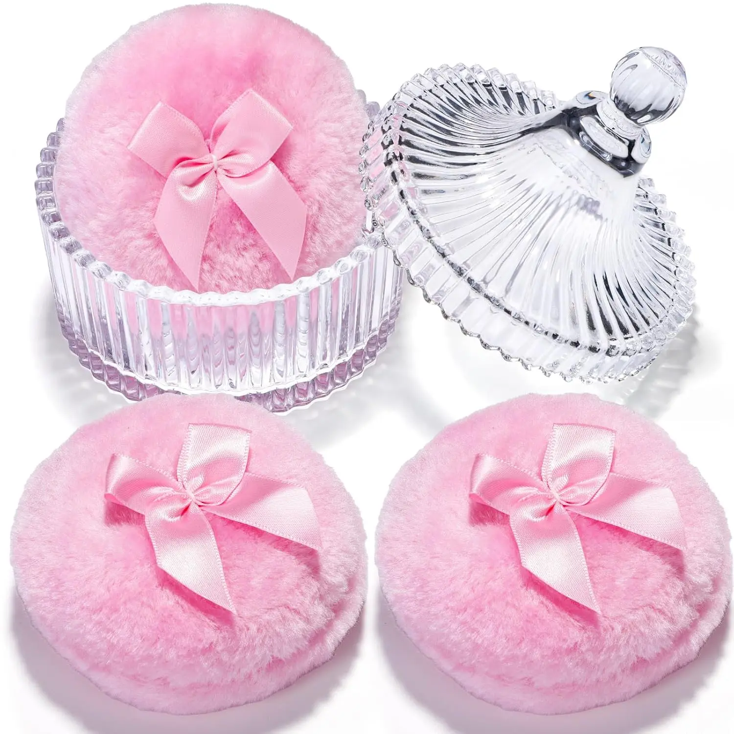 4pcs Powder Puff Soft Powder Puff and Container, Dusting Powder Container with Puff, Glass Crystal Case for Soft Velour Body Powder Puff Pink