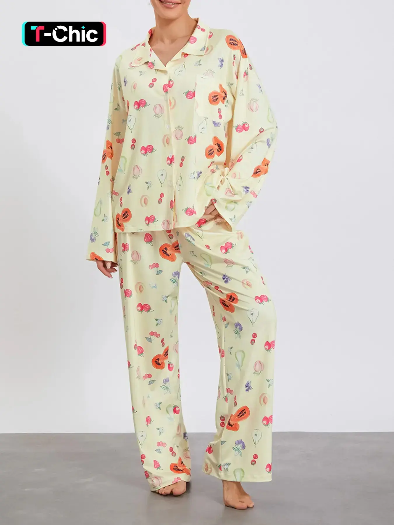 Women's Long Sleeve Printed Pajama Set, Collared Sleepwear with Pants, Comfortable Home Loungewear, 2 Piece Set, Pajama Top, Pajamas Pants, Pajama Clothes
