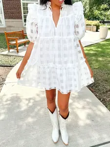 Elegant Plus Size Women's A-Line Summer Dress, V-Neck Bubble Sleeve Design, Ideal for Daily Wear, Casual Wear & Special Occasions, Comfortable Loose Fit