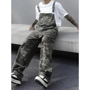 Men'S Fashion Camo Denim Overalls, 100% Cotton, Extra Long Length, All-Season Casual Regular Fit with Pockets, Woven Fabric, 288g/m2 - Versatile Streetwear
