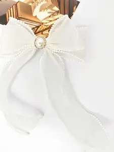1 Piece French Elegant Organza Bow Hair Clip, Faux Pearl & Rhinestone Decor Beaded Edge Long Streamer Sheer Ribbon Hair Barrette, Bridal Wedding Bridesmaid Hair Accessory, Daily Half Up Hair Alligator Clip for Women