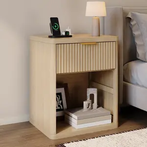 Natural Oak Fluted Nightstand with Charging Station, Bedside Table with Drawers and Open Storage Space, Metal Handles and Rounded Corners for Safety, Side Tables, End Table Bedroom