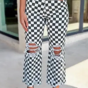 Checkered Distressed Raw Edge Cropped Jeans for Women - Trendy & Comfortable Pants for Womenswear